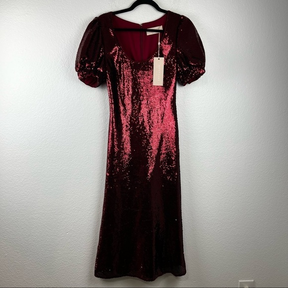 KEEPSAKE THE LABEL Farewell Sequined Puff Sleeve Midi Dress, Red, Size 00, NWT! - Picture 5 of 10